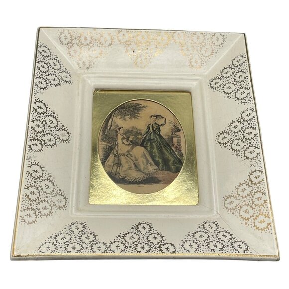 vintage ceramic framed La Mode illustree print shabby chic white gold mated READ - Picture 1 of 8